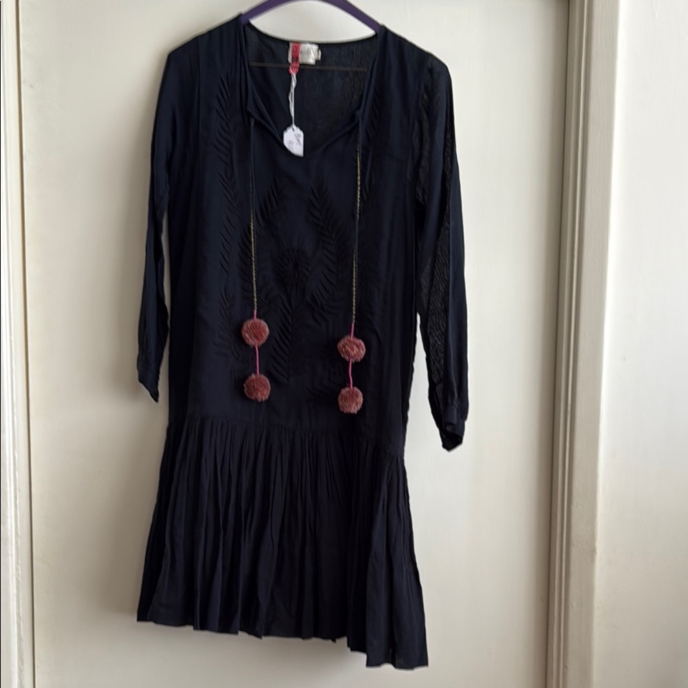 Black Pleated Sundress with Embellished V-neck